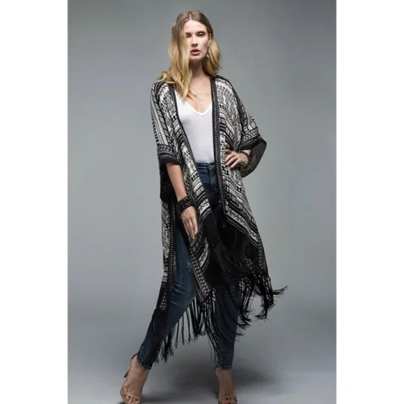 SOLD OUT Black Ethnic Print Tassel Fringe Kimono Coverup Wrap - Picture 2 of 7